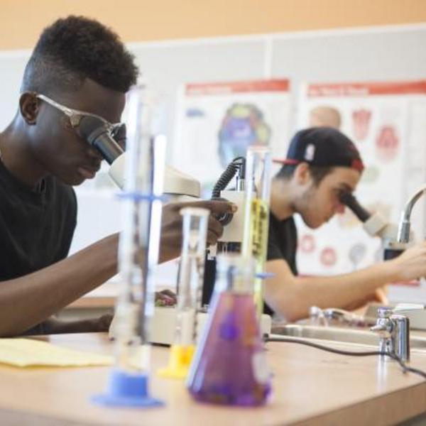 Students with microscopes